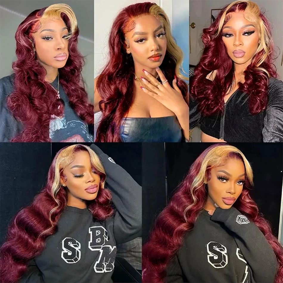 ترقية 99J/613 تسليط الضوء على شعر مستعار 13X4 الجسم موجة الدانتيل الجبهة خصلات الشعر المستعار الإنسان شقراء مع بورجوندي الأحمر تسليط الضوء على شعر مستعار دانتيل شفاف