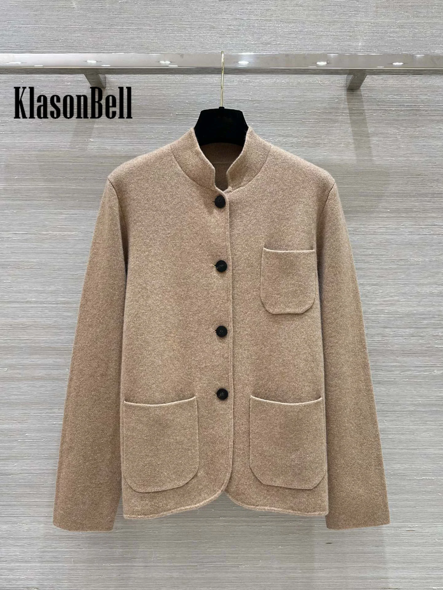 8.22 KlasonBell Women Temperament Cashmere Knit 2 Piece Set Three Pocket Single Breasted Cardigan + Lace-up Straight Pants