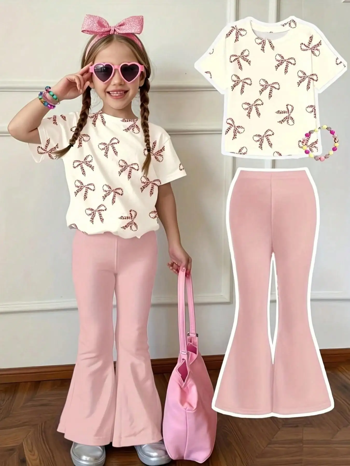 Summer Casual Fashion Butterfly Print Short Sleeve & Bell Bottoms Two-Piece Set, Outdoor Wear, Stylish and Comfortable