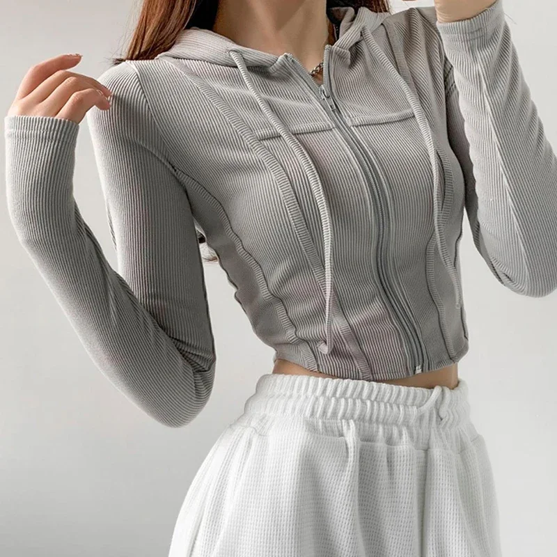 

Thin Hooded Cardigan Women Korean Vintage Slim Summer Solid Sports Jacket Vertical Pit Stripe Zipper Female Sexy Cropped Tops