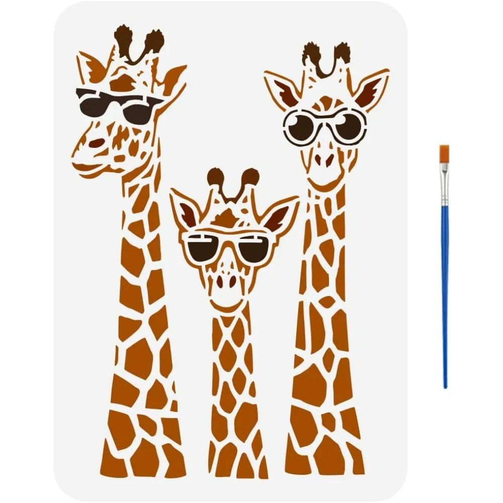 

Семейные трафареты с жирафом и кистью 11,7x8,3 дюйма Жираф с солнцезащитными очками Трафареты для рисования Забавные трафареты для рисования животных