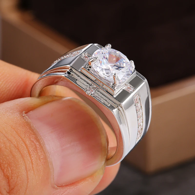 Men's Classic 925 Sterling Silver Round Cubic Zircon Ring