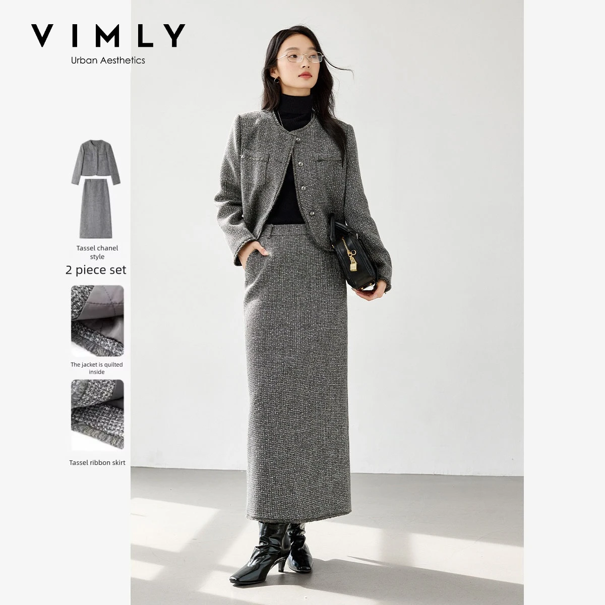 VIMLY Women's Grey Two-piece Set Fall Winter Round Neck Tweed Quilted Jacket Midi Skirt Elegant Fashion Commuter Outfit M9798