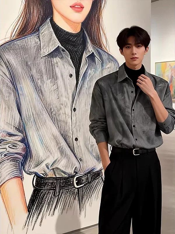 

New Chinese Sle Long Sve Tie Dye Men's irt e ey Splaed Ink Casual Outerwear Spring High End Feeling Old Money ...