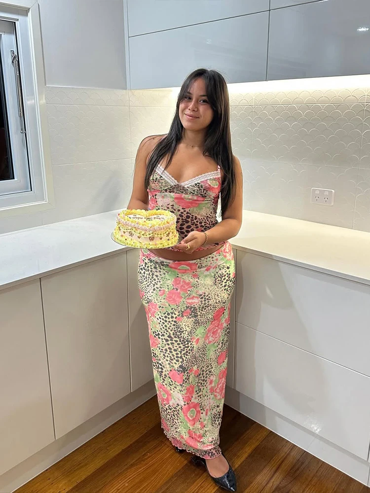 Sisterlinda المرقعة تقليم 2 قطعة مجموعة الصيف عطلة وتتسابق جذابة طباعة منخفضة الرقبة كاميس + مباراة ماكسي التنانير Mujer Y2K الدعاوى