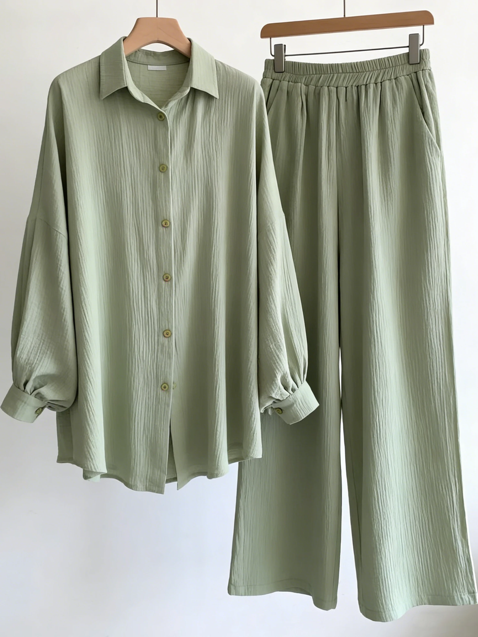 

High-End Cotton Linen Shirt Wide Leg Pants Two-Piece Set Loose Fit plus Size Spring Autumn Casual Outfit High Waist Trousers