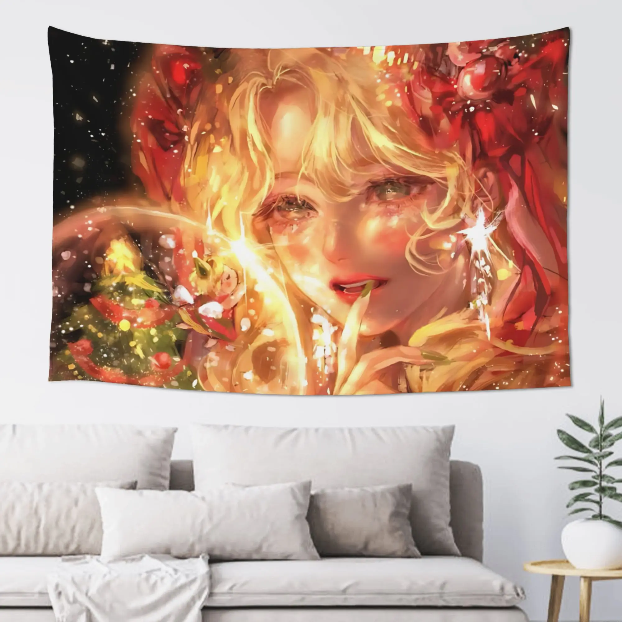 Golden Light Anime Christmas Girl Customized Tapestry Bedroom Decoration  Wall Hanging Blanket Tapestry Cool Stuff For Room