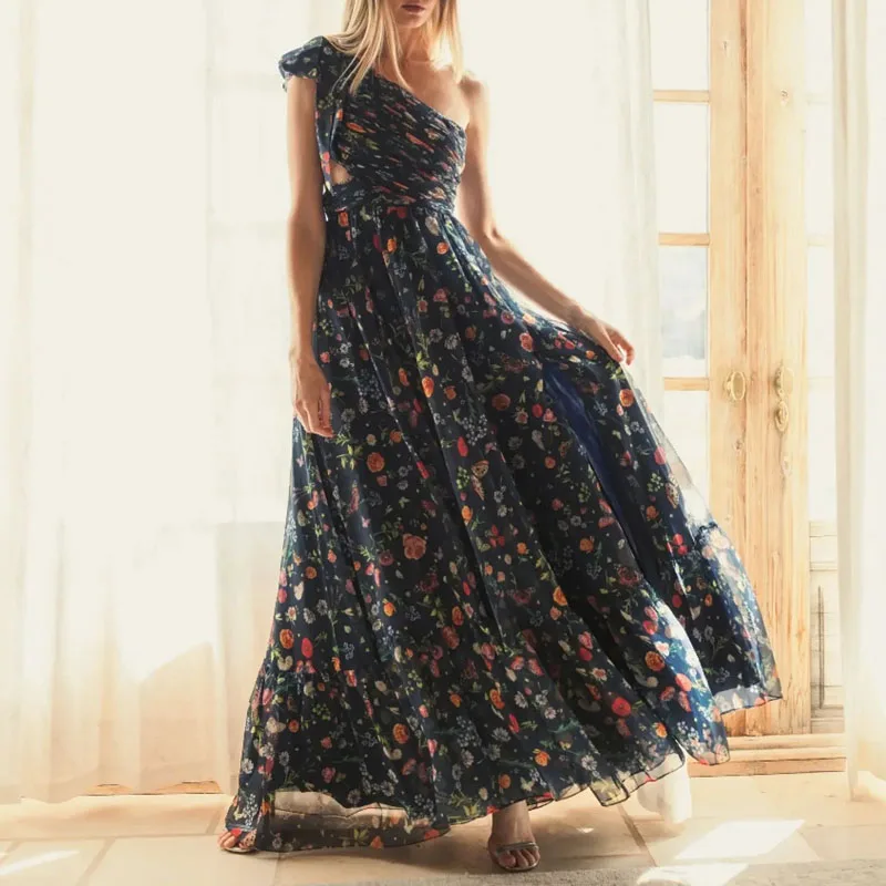 فستان نسائي مثير بخصر عالٍ على شكل حرف a فستان غير رسمي بطيات مطبوع غير منتظم بدون أكمام فستان بوهو صيفي مكشوف الكتفين للحفلات الراقصة