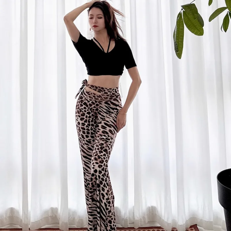 Swegal personalizado traje de dança do ventre terno de prática dança oriental modal cordão superior padrão leopardo calças largas 2 peças