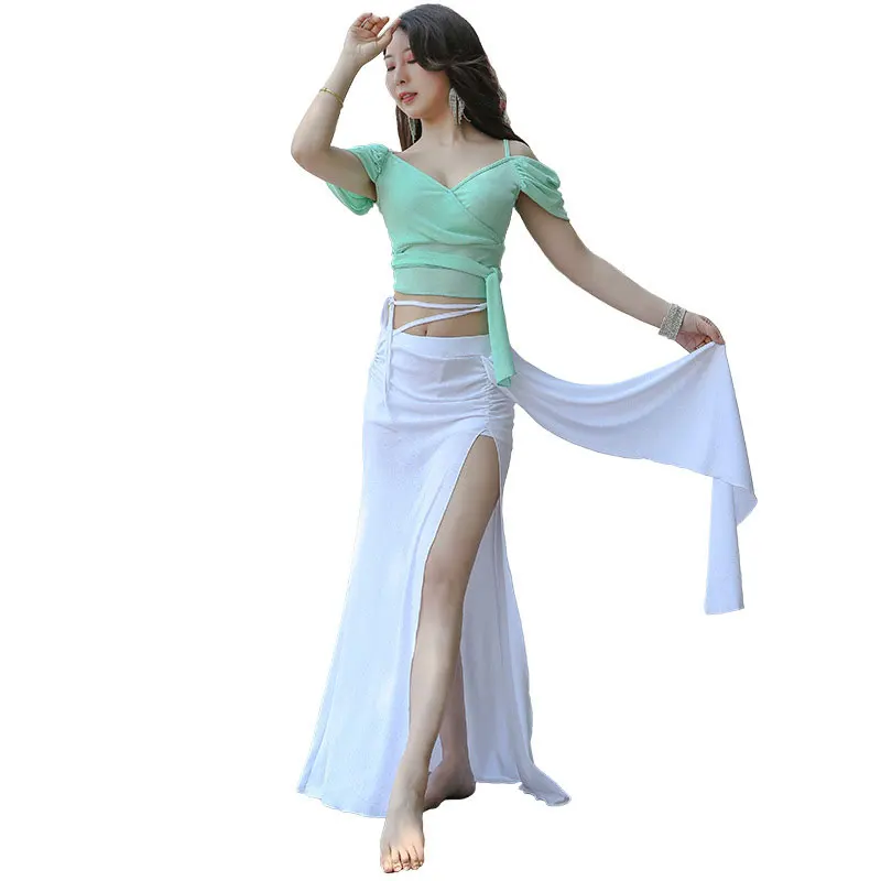 

Korea Women Belly Dance Costumes for Women Exotic Dancewear Top split Long Skirt 2pcs Oriental Belly Dance Outfit Training Suit