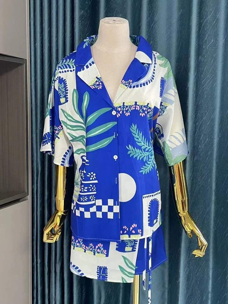 Conjunto de camisa informal para mujer, solapa con grafiti, estampado azul real, moda de verano, cintura alta con cordones, ropa de calle femenina,