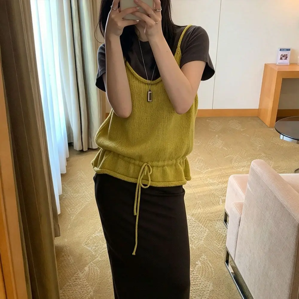 School Style Layering Knit Vest Lace Up Waist-Cinching Sweater Vest Korean Style Sleeveless Vest Early Autumn