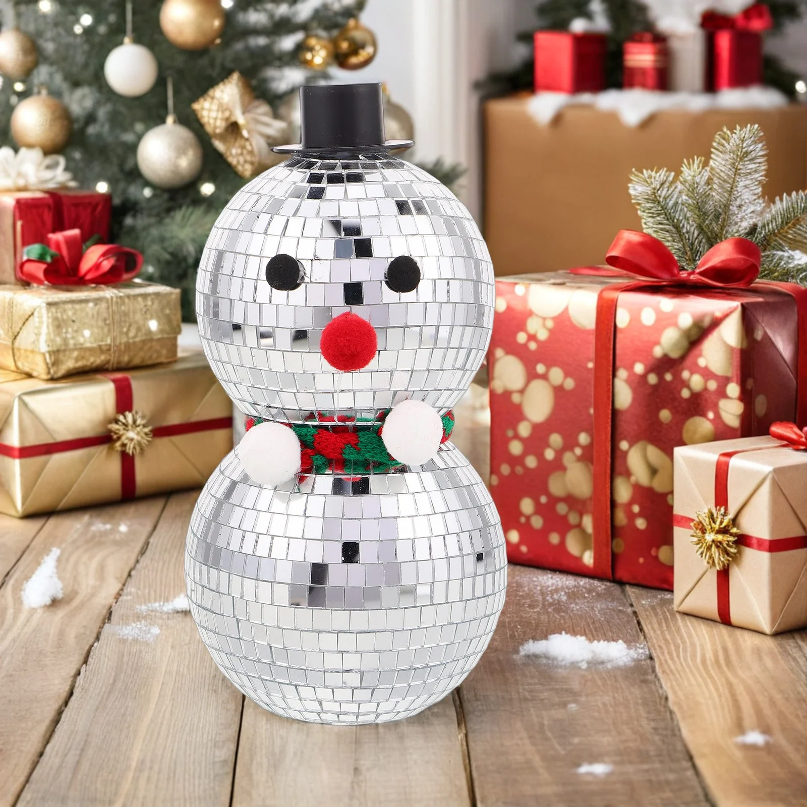 

Snowman Disco Ball Christmas Reflective Mirror Snowman Sculptures Holiday Fireplace Tabletop Party Decorations
