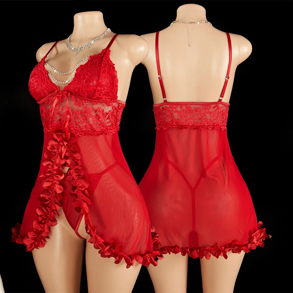 

High-quality XXL Female Nightgown Underwear Set Transparent Lace Flower Trim Erotic Lingerie Comfort Sexy Women's Home Dress