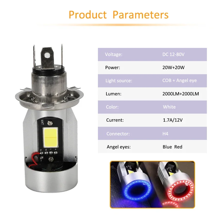 30W With Fans H4 BA20D Blue/Red Angel Eye LED Motorcycle Headlight Scooter Motorbike Headlamp Light Bulb DRL Accessories