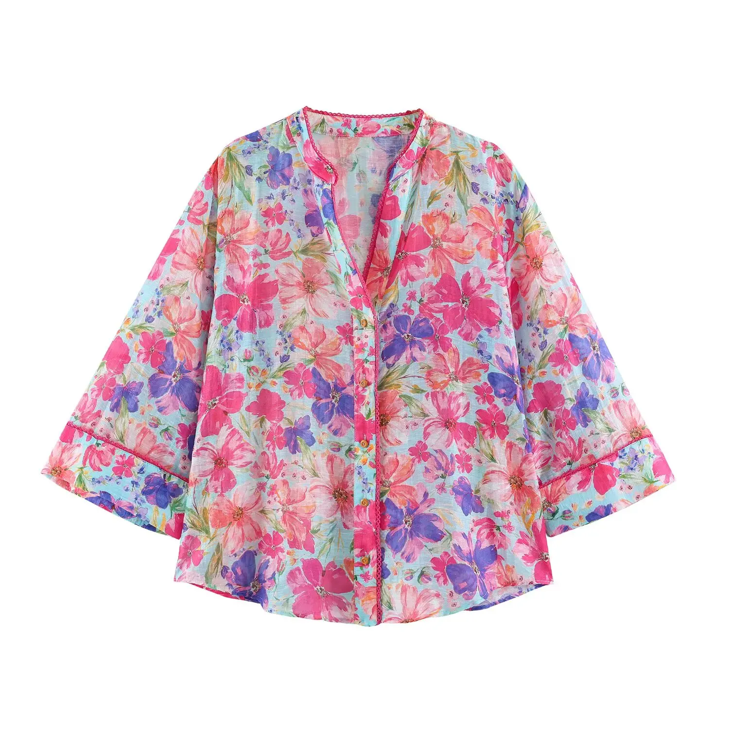 Summer Floral Print Beach Style Blouse for Women 3/4 Sleeve Breathable Versatile Office Casual Daily Outwear Blouse
