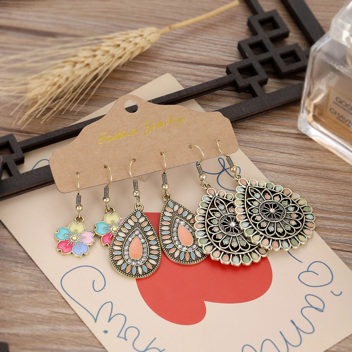 3Pairs Women's 2025 Fashion Flower Jewelry Vintage Boho Ethnic Colorful Enamel Round Water Drop Earrings Engagement Gift
