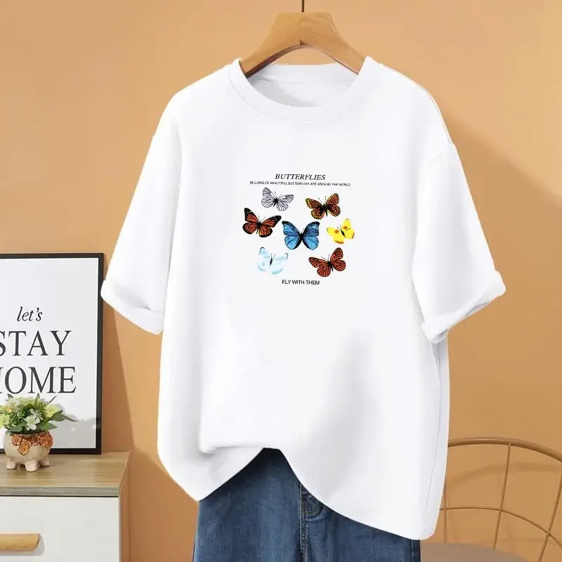 

Korean Style Fashion Summer Short Sleeve T-shirt Women Vintage Sweet Butterfly Printed Pure Cotton Casual O-neck Tops
