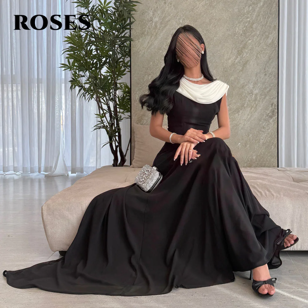 

ROSES Black and White A-line Evening Party Dress Beach O-Neck Saudi Arabia Prom Dress Stain Cap Sleeve Party Dress Customized