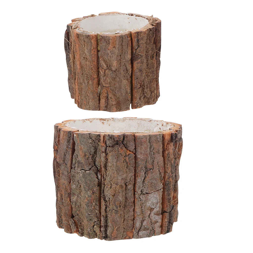 

2pcs Tree Bark Flower Pot Rustic Wood Bucket Planter Waterproof Lightweight For Garden Balcony Home Decor Succulent Cactus Vase