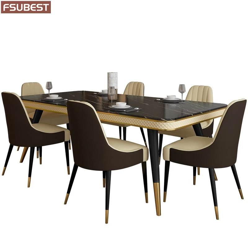 Designer Luxury Dinning Room Rock Slab Dining Table Set 6 Chairs Mesa De Jantar Comedor Posta Furniture Carbon Steel Base