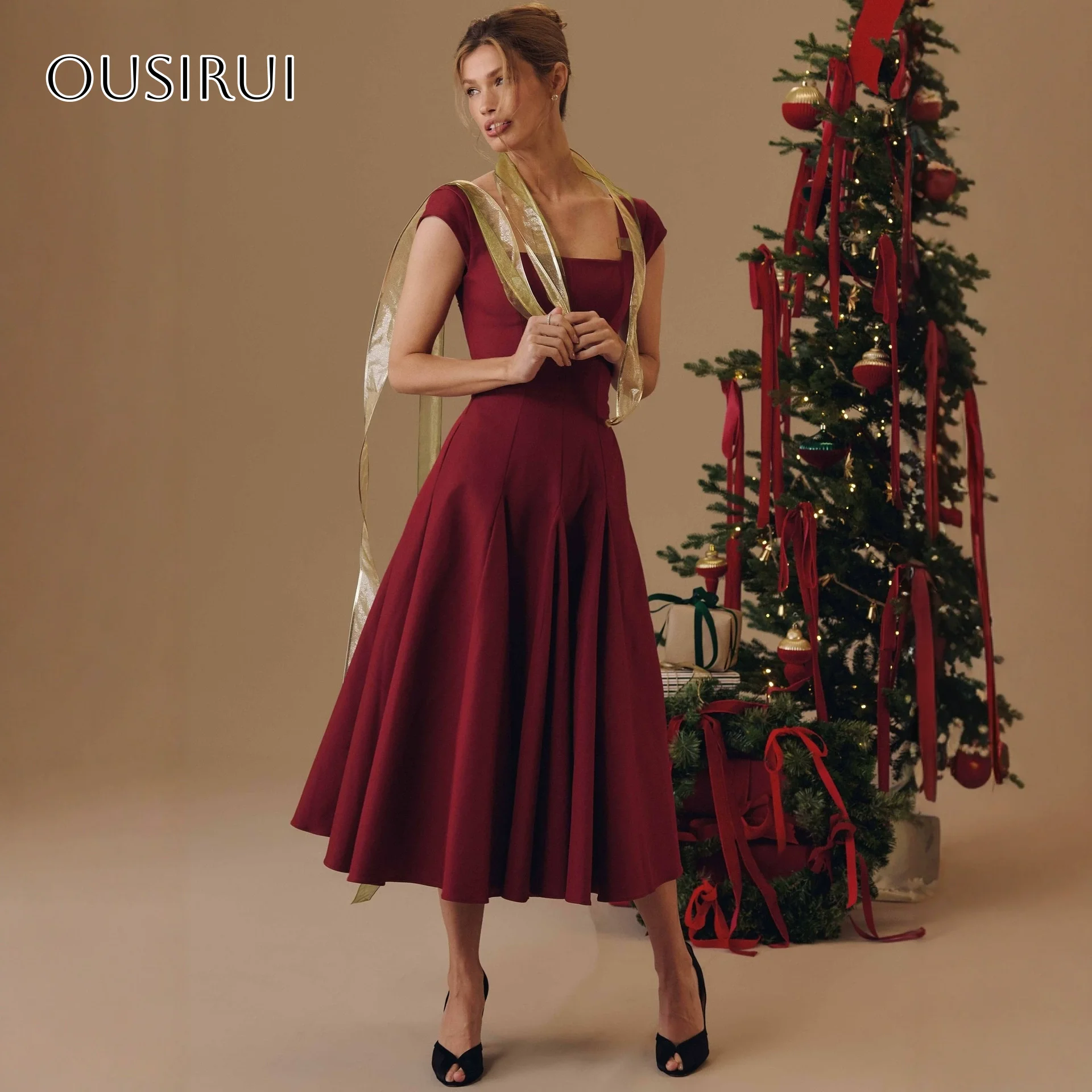 Robe de Cocktail trapèze en Satin, manches cape, longueur thé, Corset plissé au dos, robe de bal personnalisée