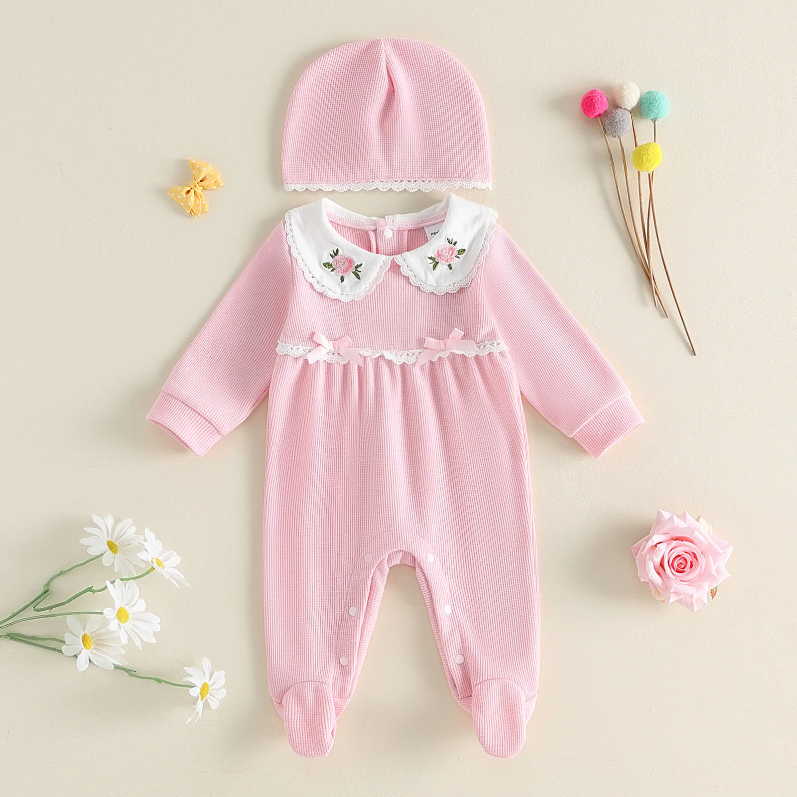 Sweet Newborn Girl Spring Fall Romper Floral Embroidery Doll Collar Footed Jumpsuits Hat