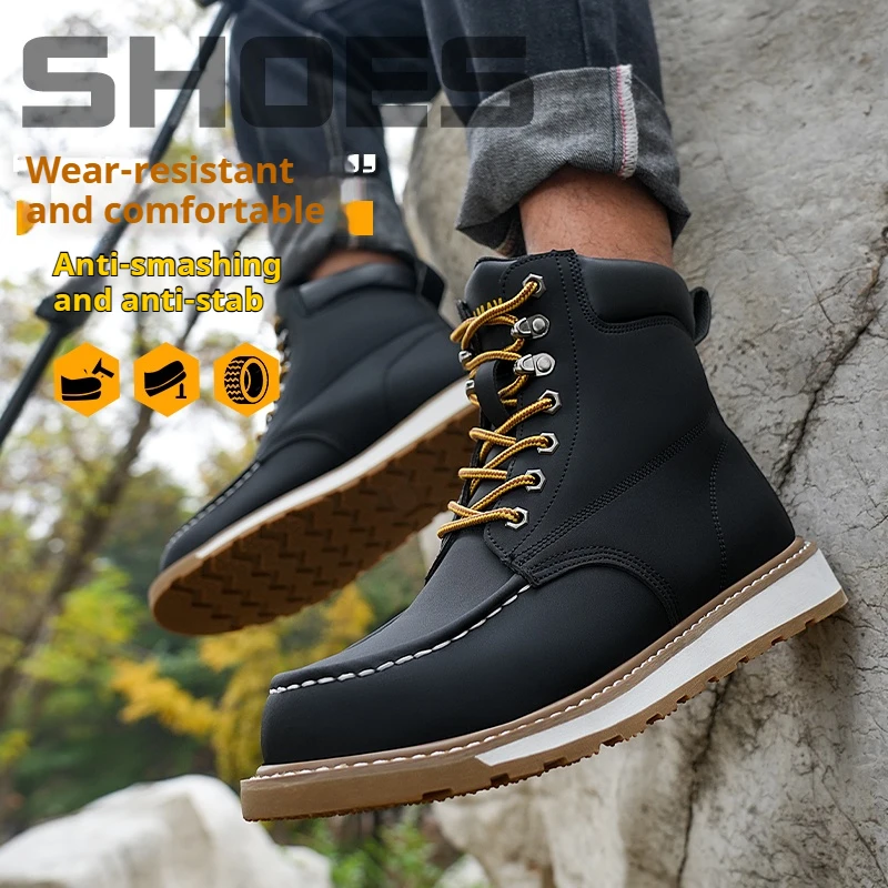 رجل عالية أعلى أحذية سلامة العمل الصلب حذاء مزود بفتحة للأصابع زلة مقاومة المطاط وحيد مكافحة سحق أحذية للعمل المستودعات والخدمات اللوجستية