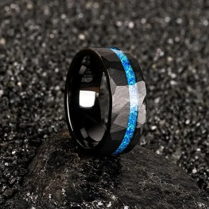 

Fashion Wedding Ring Electric Black 8mm Hammered Tungsten Ring with Blue Auburn Men's Business Accessories Ring Jewelry