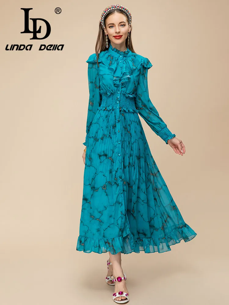 LD LINDA DELLA New Style Fashion Designer Dress Women\'s  Ruffled Elastic Waist Single-breasted Chiffon Print Draped Long Dress