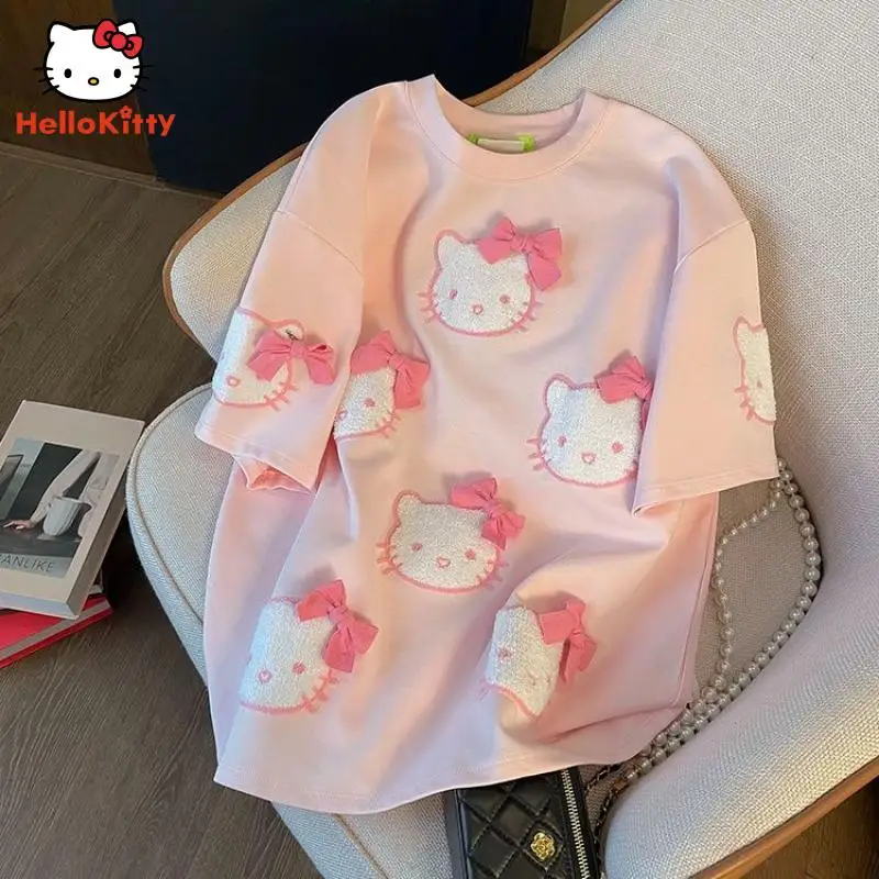 Plus Size abbigliamento donna Y2K Anime Cartoon hellogykitty Summer t-Shirt manica corta Sweet Bow ricamo top t-Shirt allentata