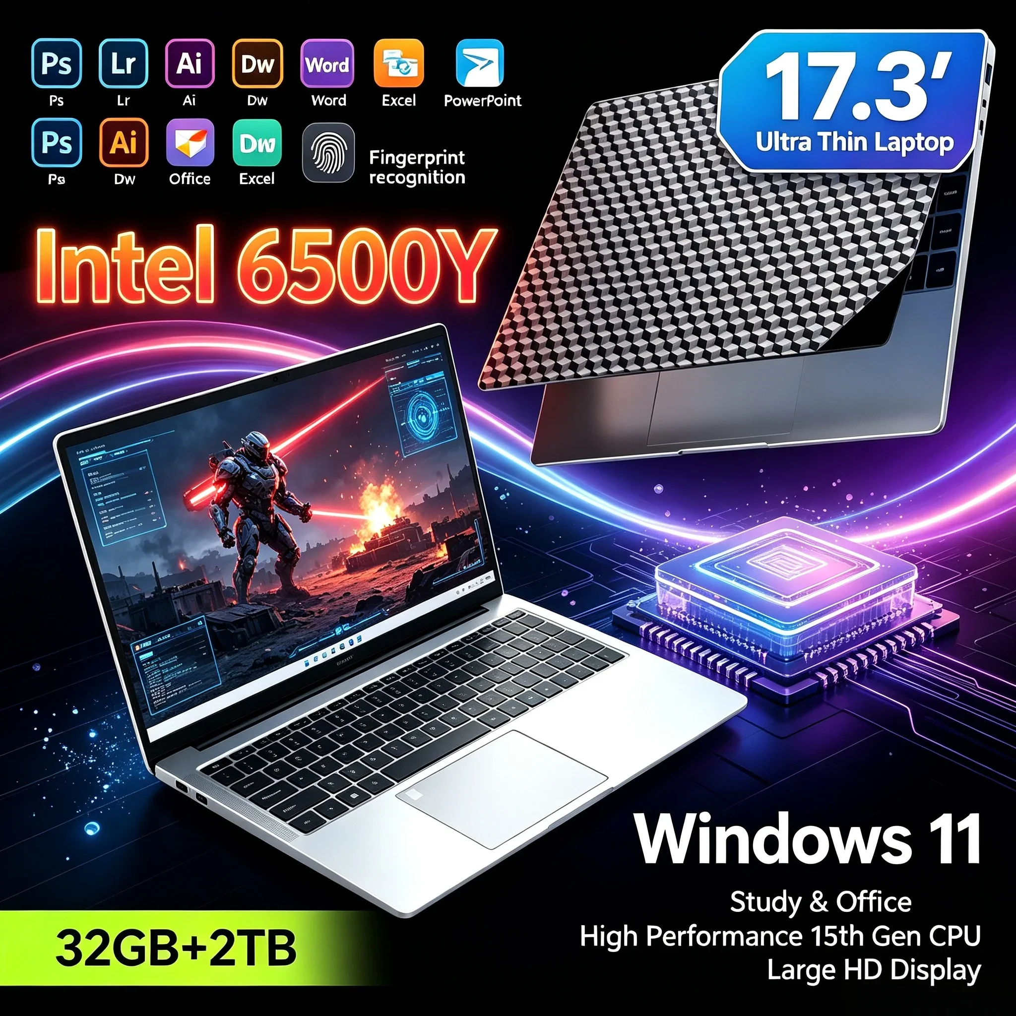2026 New 17.3'' HD Large Screen Laptop Intel 6500Y 32GB RAM 1TB Or 2TB SSD Win11 WiFi6 BT5.2 Portable Daily Office Notebook PC
