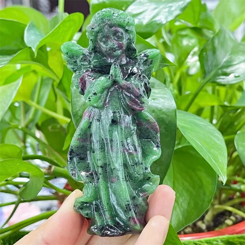 10CM Natural Ruby In Zoisite Angel Figurine Hand Carved Healing Stone Gemstone Reiki Home Decor Crystal Craft Gifts 1pcs