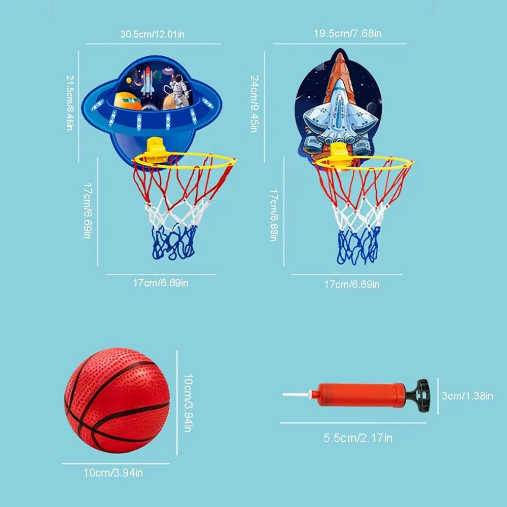 Marco de baloncesto para padres e hijos, tablero de aro de baloncesto, pelota de baloncesto colgante de dibujos animados, nave espacial de cohete, juguetes deportivos para niños