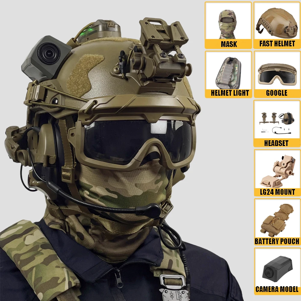 Tactical Helmet Set with Airsoft Goggles Headset LG24 Mount Identification Light Battery Pouch Camera Model Balaclava Mask