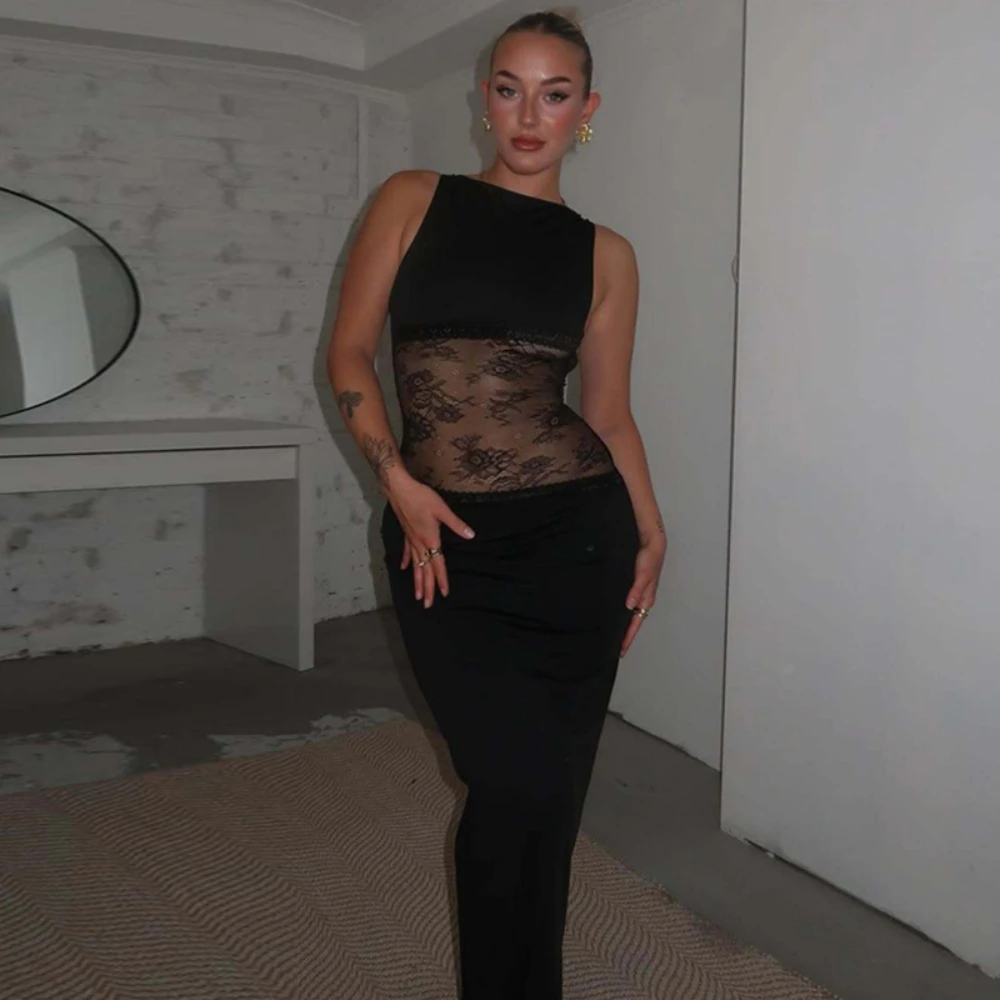 Elegante kanten uitgesneden maxi-jurken voor dames, sexy spaghettibandjes, patchwork, vakantie, feestjurk, zomer, rugloze lange slanke jurk