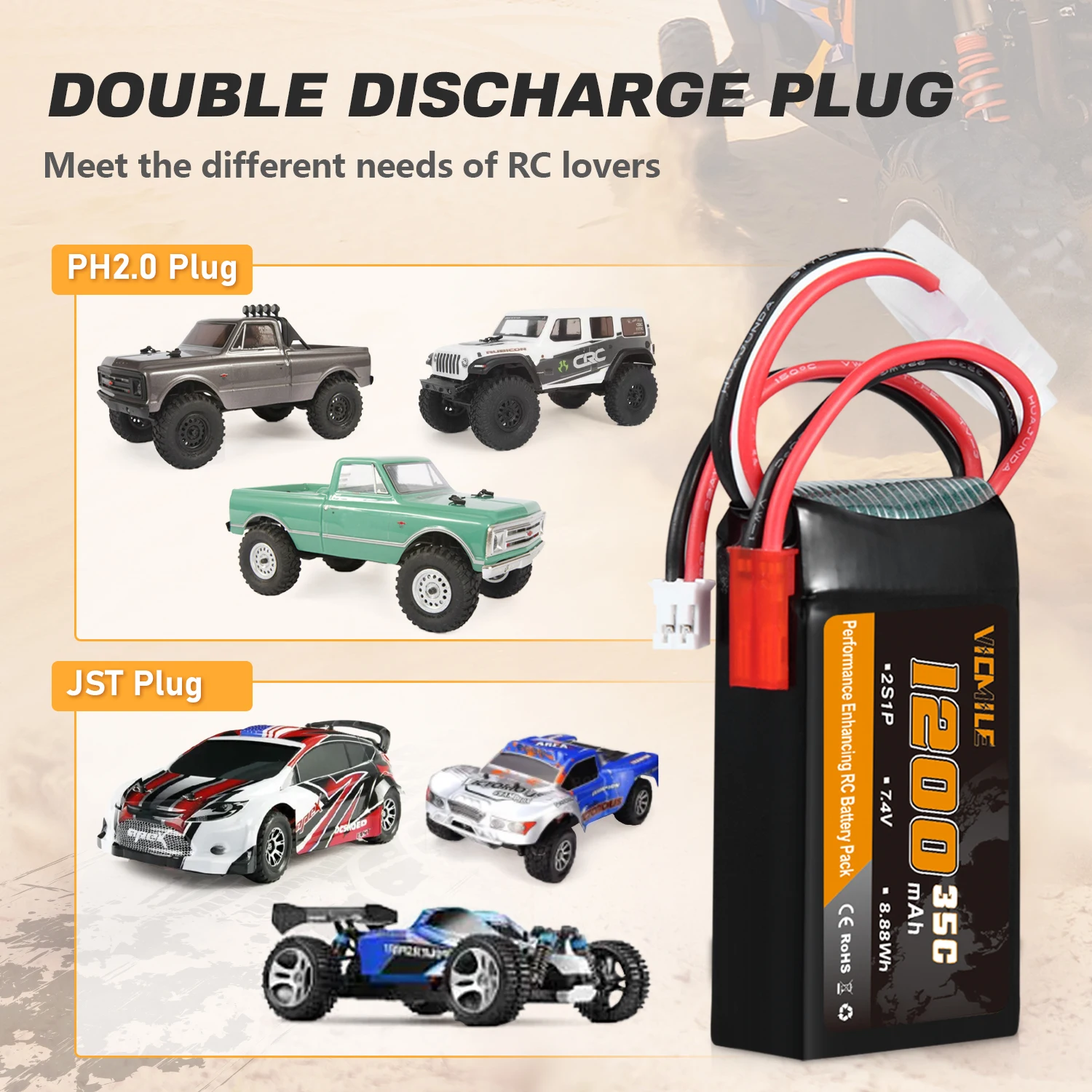 VICMILE SCX24 Battery 7.4V 1200mAh Lipo Battery 2S 35C with PH2.0 JST Plug Fit for SCX24 RC Car WLtoys A949 A959 A969 A979 K929