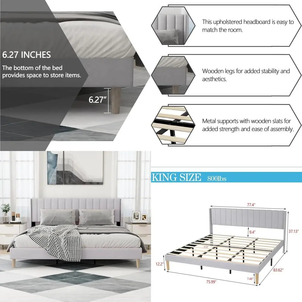 

Кровать размера King-size с льняной обивкой и деревянной решеткой, простая сборка, светло-серый цвет