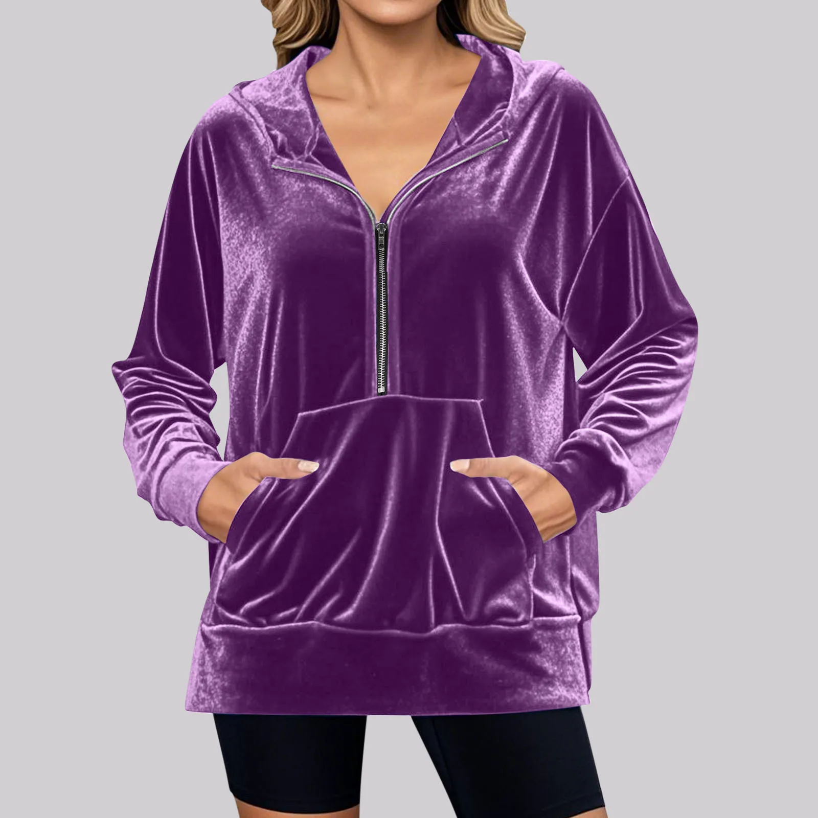 

2025 Autumn and Winter Hooded Loose Long Sleeved Zipper Pocket Gold Velvet Top for Women