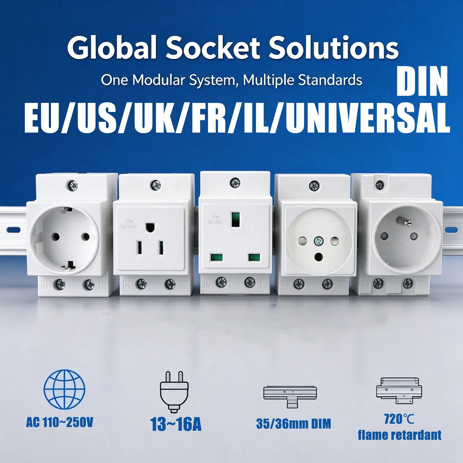 FUNAYA EU/FR/US/UK/IT/IL/UNIVERSAL Din 35mm Rail Socket Modular AC Socket Plug 13/16A AC Connector Grey AC30 Adapter Connector