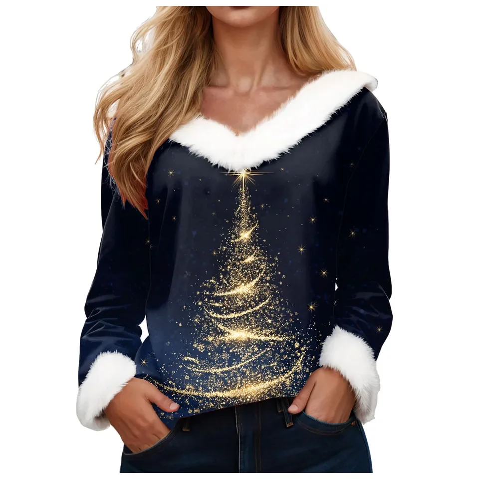 Merry Christmas 3D Print T Shirts Fleece Collar V Neck T-Shirt Fall Winter Xmas Long Sleeve Tunic Tops Festive Party Tops