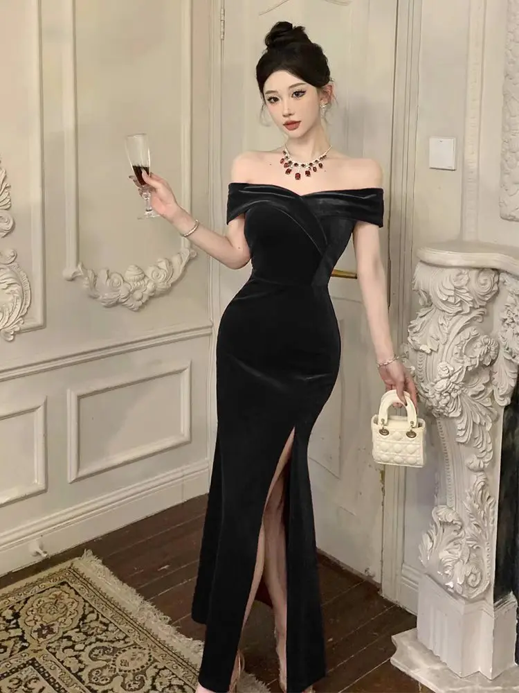 French Style Temperament Socialite Red Velvet Toast Engagement Evening Dress off-the-Shoulder Women's Spring and Early