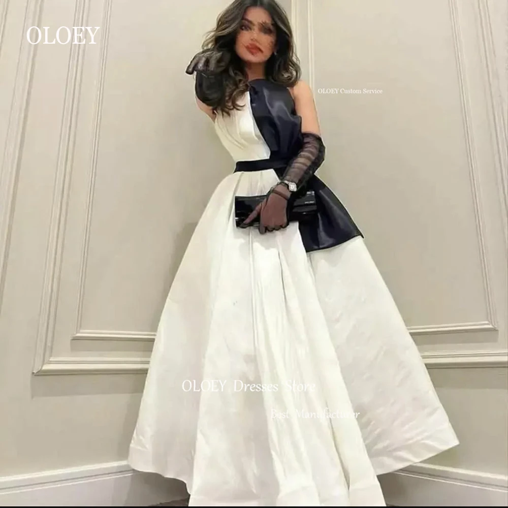 

OLOEY Dubai Arabic Women A Line Black And White Evening Dresses Strapless A Line Ankle Length Modern Formal Party Event Gowns