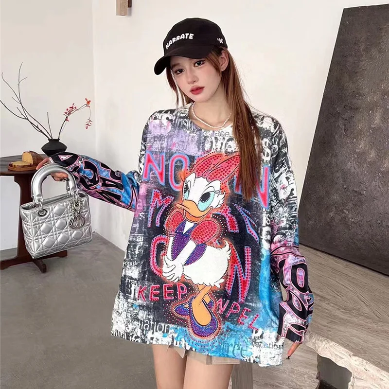 Imitation Mink Velvet Pullover Women Sweaters Fashion Hot Drilling Cartoon Printed Oversize Knitted Top Long Sleeve Basic Shirts