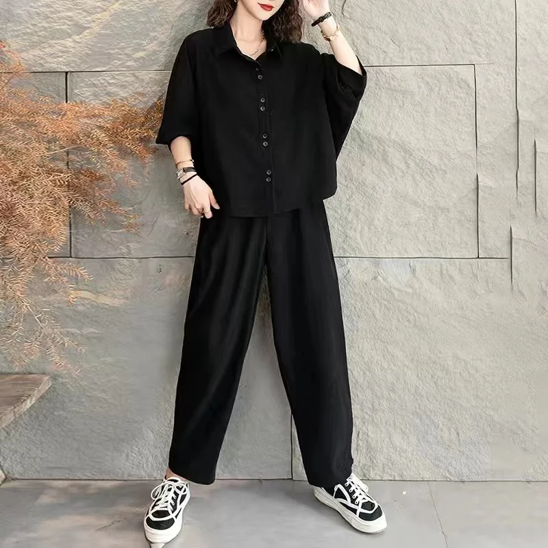 Spring Autumn Lazy Style Retro Age Reducing Fashion Set 2024Women's Loose Meat Covering Bat Sleeve Top Haren Pants Two Piece Set