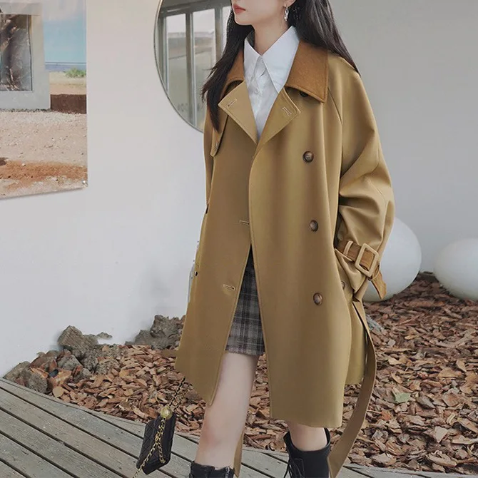 Allingentle Women's Long Coat Khaki Jacket Fashion Double-Breasted Blazer for Casual Office Customize