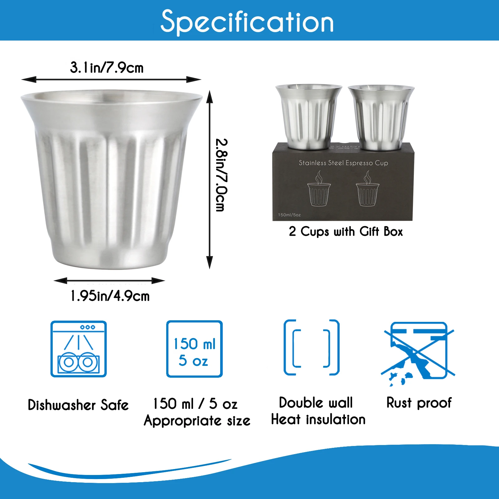 Easyworkz Stainless Steel Double-Wall Espresso Cups 5 oz/150 ml Set of 2, Vertical Stripe Design