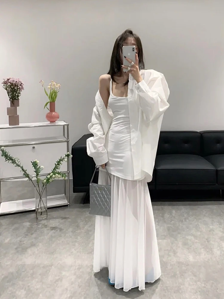 

Ele, белый комплект Dr, женская весна 2023, новинка, сетчатый комплект из двух предметов Dr + irt, блузка из полиэфирного волокна, юбка