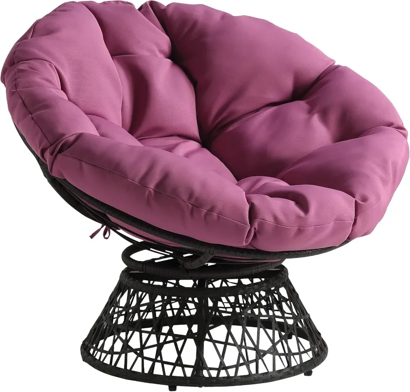 Wicker Papasan Chair with 360-Degree Swivel Grey Frame with Purple Cushion Soft polyester padded button tufted pad