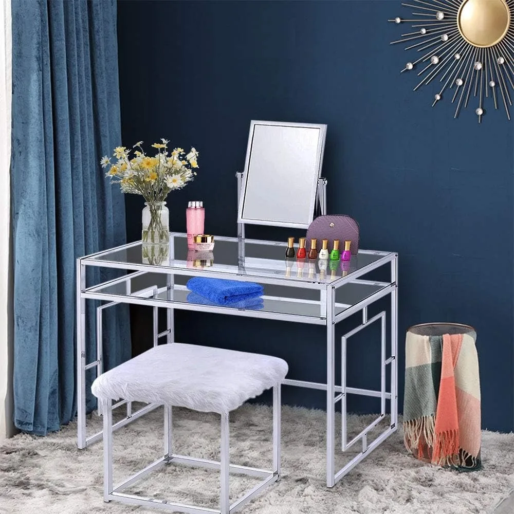 Elegant Dressing Table Set with Mirror and White Faux Fur Stool Glass/chrome Storage Rack and Stylish Soft Cushion HomeFurniture